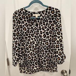MICHAEL Michael Kors Leopard Print Blouse / Tunic, Sz L, Animal Print, Tie Cuffs